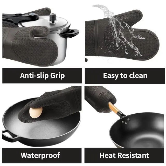 Alt view image 4 of 7 - Silicone Oven Mitts, Heat Resistant 500F Kitchen Mitts 2PCS, 11.6" BPA-Free Soft Baking Gloves, Non-Slip Grip Oven Gloves with Soft Cotton Lining for Kitchen Cooking Baking BBQ - Black