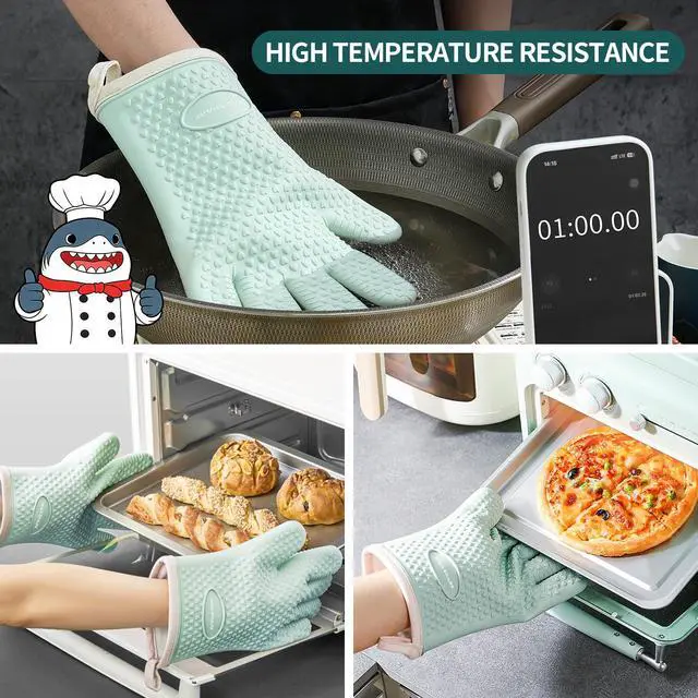 Alt view image 2 of 6 - Silicone Oven Mitts Heat Resistant 450°F,Waterproof & Non-Slip Oven Gloves with Fingers,Cotton Lined Silicone Oven Gloves Kitchen Mitts for Baking Cooking Barbecue,Women (Green)