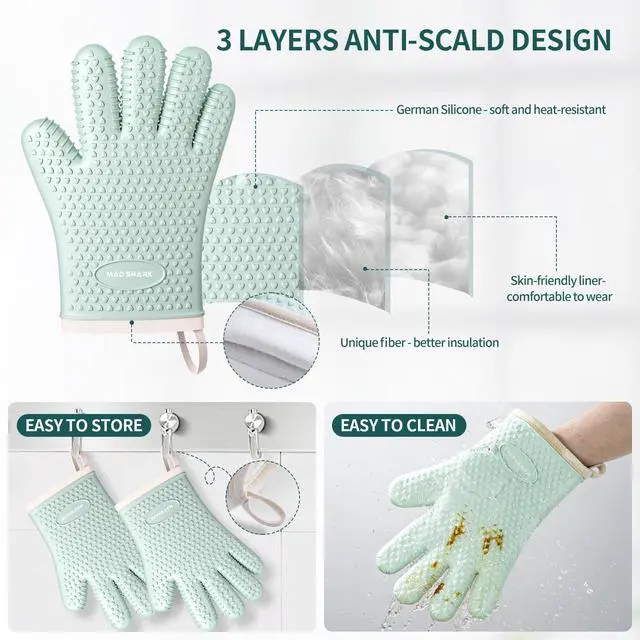Alt view image 4 of 6 - Silicone Oven Mitts Heat Resistant 450°F,Waterproof & Non-Slip Oven Gloves with Fingers,Cotton Lined Silicone Oven Gloves Kitchen Mitts for Baking Cooking Barbecue,Women (Green)