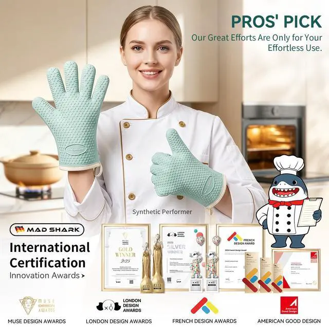 Alt view image 6 of 6 - Silicone Oven Mitts Heat Resistant 450°F,Waterproof & Non-Slip Oven Gloves with Fingers,Cotton Lined Silicone Oven Gloves Kitchen Mitts for Baking Cooking Barbecue,Women (Green)