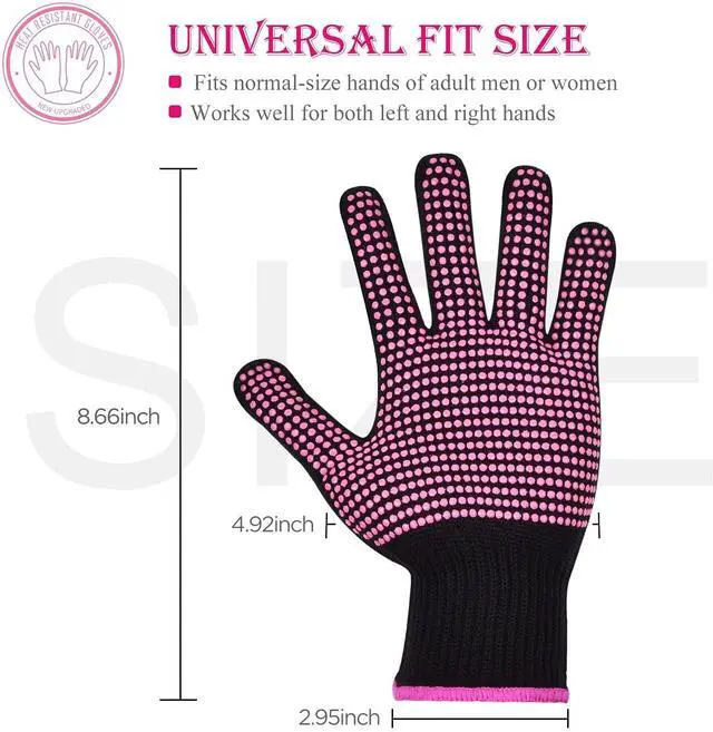 Alt view image 2 of 7 - 2Pcs Heat Resistant Gloves with Silicone Bumps, Professional Heat Protection Gloves for Hair Styling, Mitts for Curling Iron Wand Flat Iron Sublimation, Rose Red
