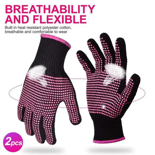 Alt view image 3 of 7 - 2Pcs Heat Resistant Gloves with Silicone Bumps, Professional Heat Protection Gloves for Hair Styling, Mitts for Curling Iron Wand Flat Iron Sublimation, Rose Red