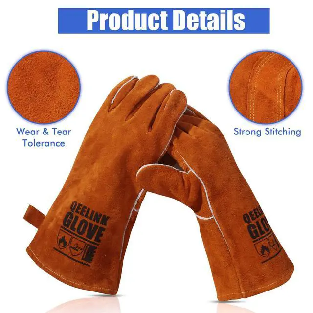 Alt view image 2 of 6 - Welding Gloves - Heat/Fire Resistant Lined Leather and Fireproof Stitching-Fireplace/BBQ/Gardening/Forge/Blacksmith glove for Men or Women (14-inch, Brown)