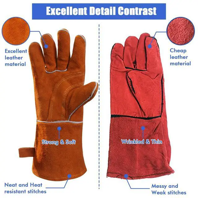 Alt view image 4 of 6 - Welding Gloves - Heat/Fire Resistant Lined Leather and Fireproof Stitching-Fireplace/BBQ/Gardening/Forge/Blacksmith glove for Men or Women (14-inch, Brown)