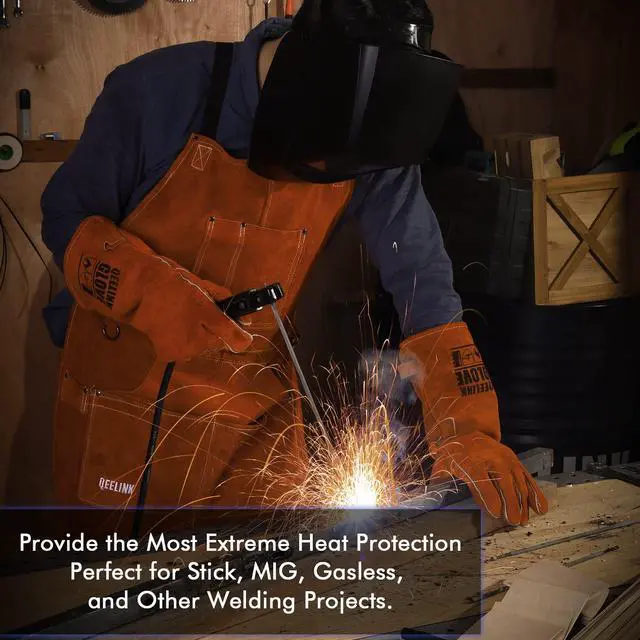 Alt view image 5 of 6 - Welding Gloves - Heat/Fire Resistant Lined Leather and Fireproof Stitching-Fireplace/BBQ/Gardening/Forge/Blacksmith glove for Men or Women (14-inch, Brown)