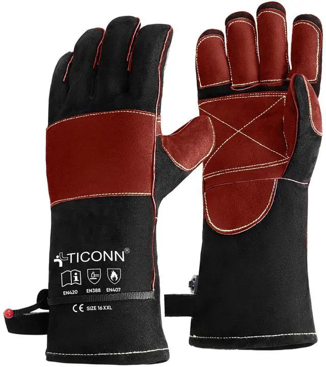 Main image of 16 Inch Welding Gloves, 1000°F Heat-Resistant Fireproof Leather Gloves for Welders, Stick, Forge, Mig, Tig, BBQ, Baking, Oven (Black/Red, L)
