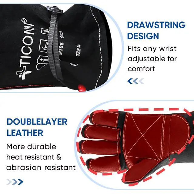 Alt view image 2 of 6 - 16 Inch Welding Gloves, 1000°F Heat-Resistant Fireproof Leather Gloves for Welders, Stick, Forge, Mig, Tig, BBQ, Baking, Oven (Black/Red, L)