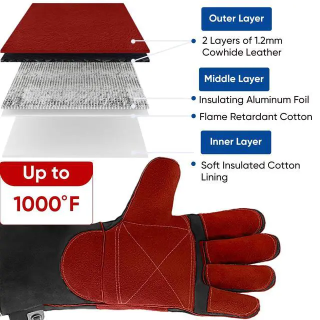 Alt view image 4 of 6 - 16 Inch Welding Gloves, 1000°F Heat-Resistant Fireproof Leather Gloves for Welders, Stick, Forge, Mig, Tig, BBQ, Baking, Oven (Black/Red, L)