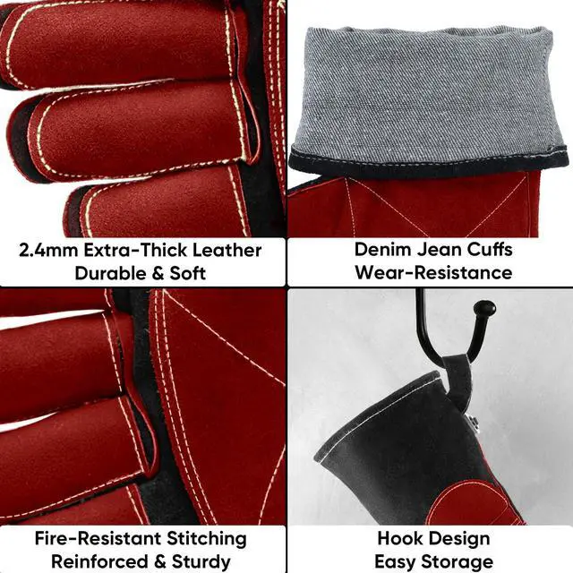 Alt view image 3 of 6 - 16 Inch Welding Gloves, 1000°F Heat-Resistant Fireproof Leather Gloves for Welders, Stick, Forge, Mig, Tig, BBQ, Baking, Oven (Black/Red, L)