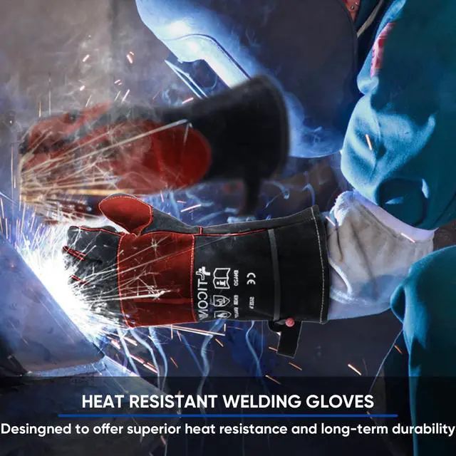 Alt view image 5 of 6 - 16 Inch Welding Gloves, 1000°F Heat-Resistant Fireproof Leather Gloves for Welders, Stick, Forge, Mig, Tig, BBQ, Baking, Oven (Black/Red, L)