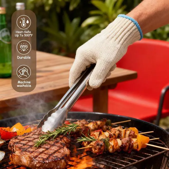Alt view image 3 of 7 - Heat Resistant Gloves - 932°F Oven Gloves, Cut-Resistant Grill Gloves, Cooking Gloves for BBQ, Grilling, Baking, Cutting, Welding, Smoker Fireplace, 1 Pair (2 Pieces Set), White