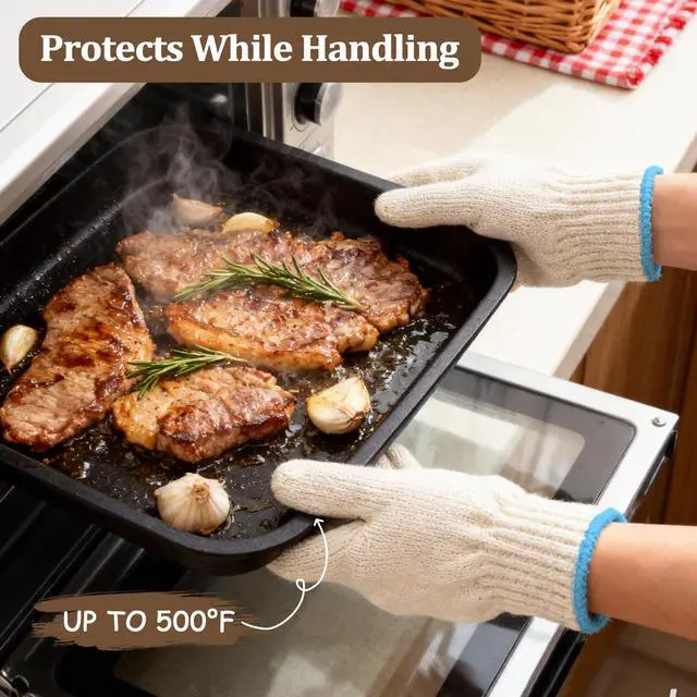 Alt view image 4 of 7 - Heat Resistant Gloves - 932°F Oven Gloves, Cut-Resistant Grill Gloves, Cooking Gloves for BBQ, Grilling, Baking, Cutting, Welding, Smoker Fireplace, 1 Pair (2 Pieces Set), White