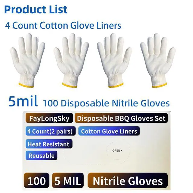 Alt view image 2 of 7 - BBQ Gloves Disposable Heat Resistant - 4 Reusable Cotton Liners & 100 Nitrile Gloves for Barbecue Smoker, Grilling, Cooking Hot Meat, Food Prep - 5Mil, Non-Slip Grip, Black Large