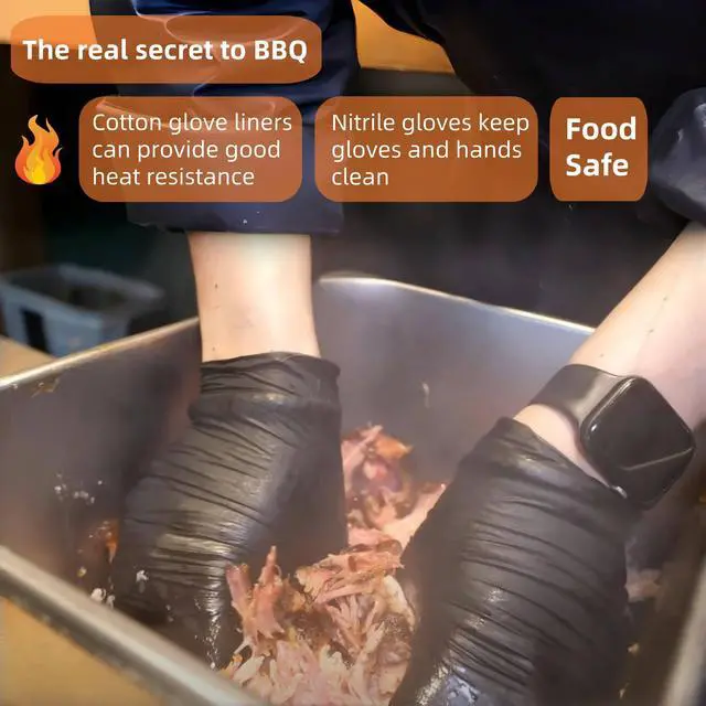 Alt view image 5 of 7 - BBQ Gloves Disposable Heat Resistant - 4 Reusable Cotton Liners & 100 Nitrile Gloves for Barbecue Smoker, Grilling, Cooking Hot Meat, Food Prep - 5Mil, Non-Slip Grip, Black Large