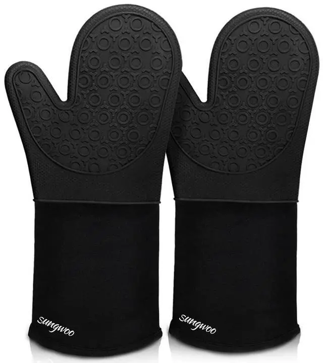 Main image of Extra Long Silicone Oven Mitts, Heat Resistant Oven Gloves with Quilted Liner Non-Slip Textured Grip Perfect for BBQ, Baking, Cooking and Grilling - 1 Pair 14.6 Inch Black