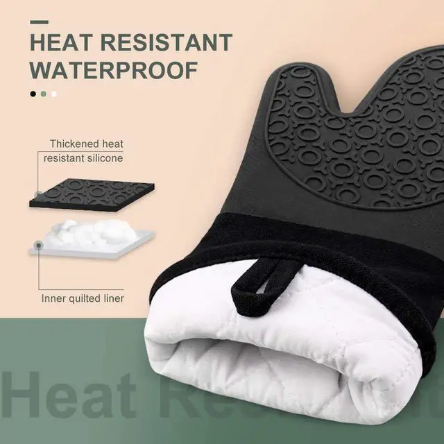 Alt view image 2 of 7 - Extra Long Silicone Oven Mitts, Heat Resistant Oven Gloves with Quilted Liner Non-Slip Textured Grip Perfect for BBQ, Baking, Cooking and Grilling - 1 Pair 14.6 Inch Black