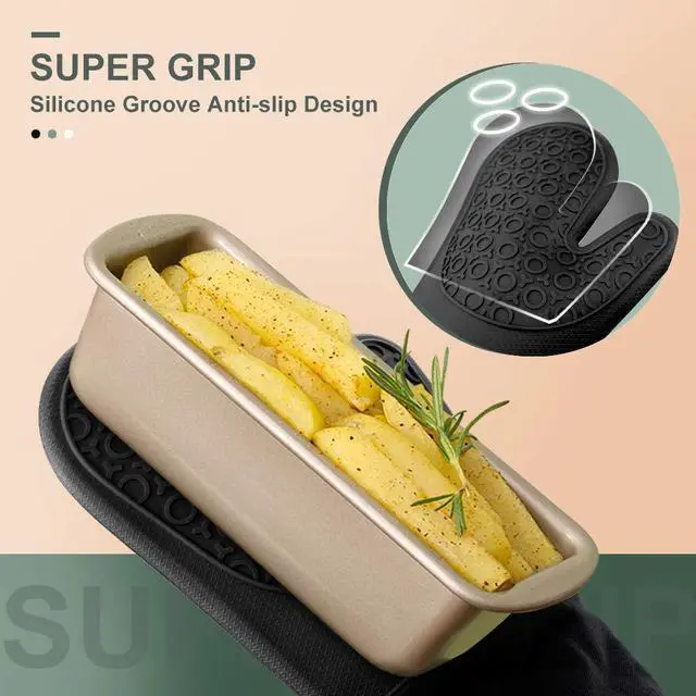 Alt view image 3 of 7 - Extra Long Silicone Oven Mitts, Heat Resistant Oven Gloves with Quilted Liner Non-Slip Textured Grip Perfect for BBQ, Baking, Cooking and Grilling - 1 Pair 14.6 Inch Black