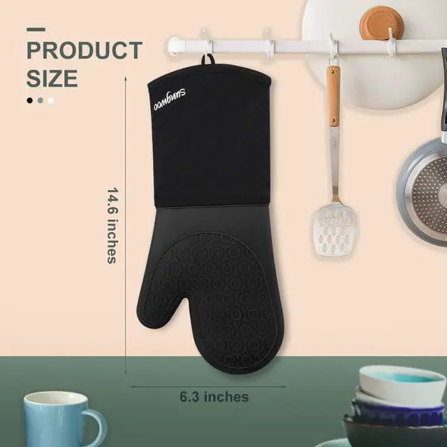 Alt view image 5 of 7 - Extra Long Silicone Oven Mitts, Heat Resistant Oven Gloves with Quilted Liner Non-Slip Textured Grip Perfect for BBQ, Baking, Cooking and Grilling - 1 Pair 14.6 Inch Black