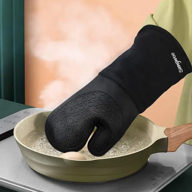Alt view image 7 of 7 - Extra Long Silicone Oven Mitts, Heat Resistant Oven Gloves with Quilted Liner Non-Slip Textured Grip Perfect for BBQ, Baking, Cooking and Grilling - 1 Pair 14.6 Inch Black