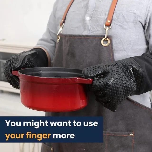 Alt view image 3 of 7 - BBQ Gloves Heat Resistant, 13.7 Inch Long Waterproof Silicone Oven Mitts for Grilling and Smoker, Non-Slip 5 Finger Kitchen Hot Mitts for Baking, Cooking & Cast Iron, Black