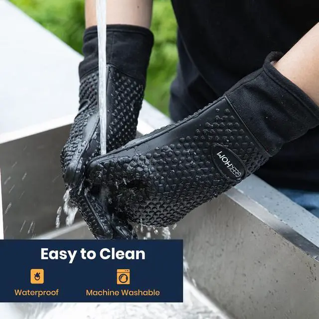 Alt view image 6 of 7 - BBQ Gloves Heat Resistant, 13.7 Inch Long Waterproof Silicone Oven Mitts for Grilling and Smoker, Non-Slip 5 Finger Kitchen Hot Mitts for Baking, Cooking & Cast Iron, Black