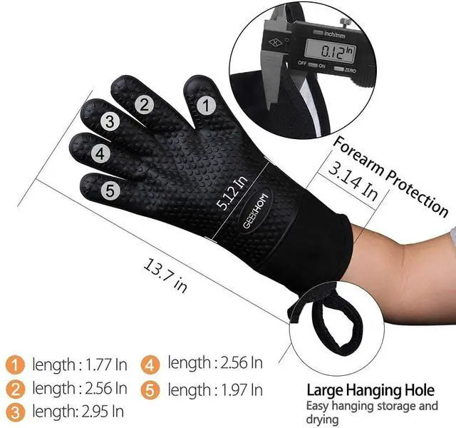 Alt view image 7 of 7 - BBQ Gloves Heat Resistant, 13.7 Inch Long Waterproof Silicone Oven Mitts for Grilling and Smoker, Non-Slip 5 Finger Kitchen Hot Mitts for Baking, Cooking & Cast Iron, Black
