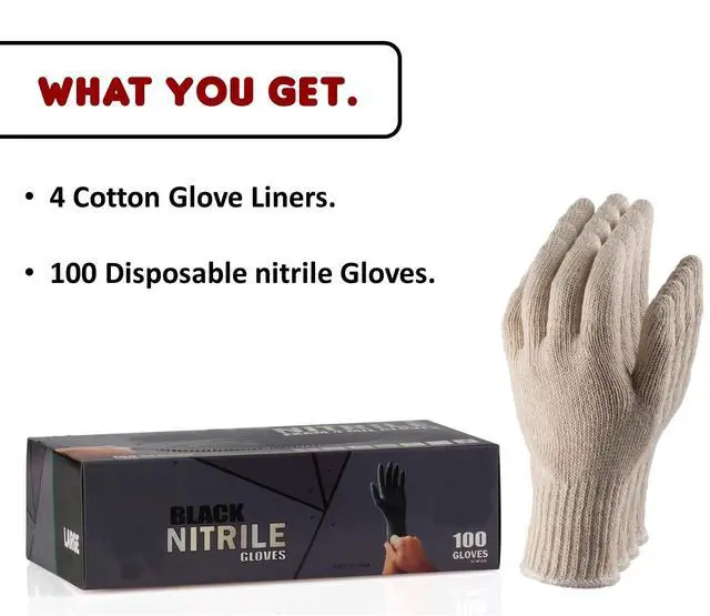 Alt view image 2 of 7 - BBQ Gloves - Disposable with 4 Cotton Liners and 100 Black Nitrile Gloves - Machine Washable, Powder Free, Latex Free