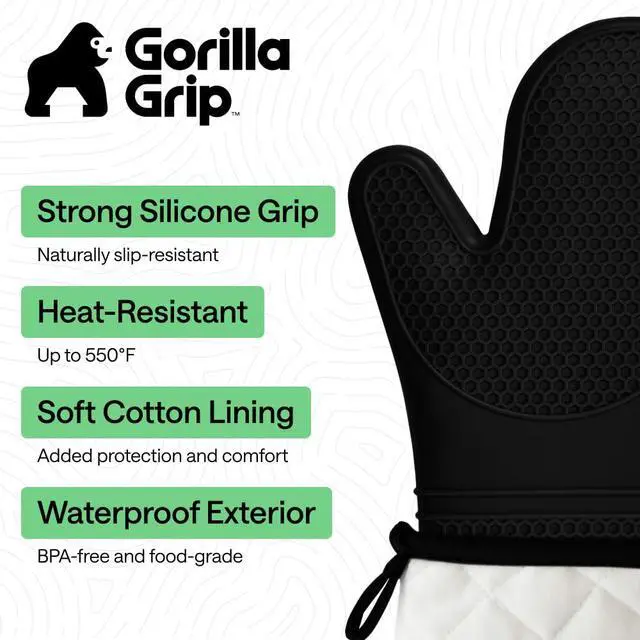 Alt view image 2 of 7 - BPA-Free Soft Silicone Oven Mitts, 550F Heat Resistant Waterproof Cooking Safety Gloves, Thick Cotton Lining, Flexible Gripping for BBQ Grilling, Kitchen Potholders Set, 12.5x8.3, Black