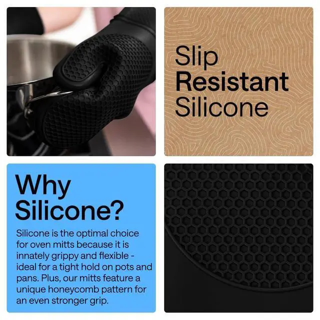 Alt view image 3 of 7 - BPA-Free Soft Silicone Oven Mitts, 550F Heat Resistant Waterproof Cooking Safety Gloves, Thick Cotton Lining, Flexible Gripping for BBQ Grilling, Kitchen Potholders Set, 12.5x8.3, Black