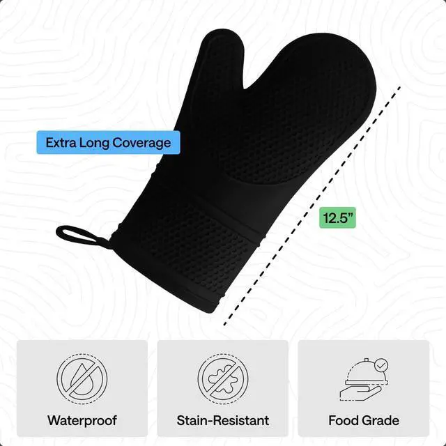 Alt view image 4 of 7 - BPA-Free Soft Silicone Oven Mitts, 550F Heat Resistant Waterproof Cooking Safety Gloves, Thick Cotton Lining, Flexible Gripping for BBQ Grilling, Kitchen Potholders Set, 12.5x8.3, Black