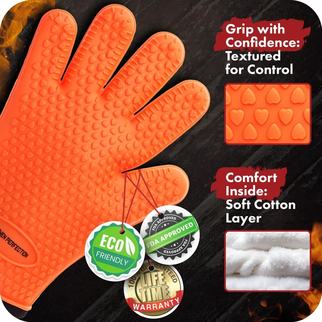 Alt view image 4 of 7 - Silicone Smoker Oven Gloves -Extreme Heat Resistant BBQ Gloves -Handle Hot Food Right on Your Smoker Grill Fryer & Pit | Waterproof Oven Mitts |Superior Value Set+3 Bonuses