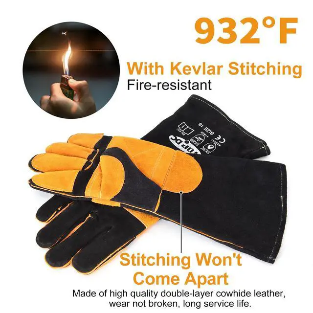 Alt view image 5 of 7 - Welding Gloves 16 Inches 932 Fire/Heat Resistant Leather Welding Gloves For Mig, Tig, Stick, Forge, BBQ, Grill, Fireplace, Wood Stove, Furnace, Oven, Animal Handling for Safe, Loving Pet Care