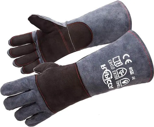 Main image of Fireplace Fire Pit Gloves, 932°F Fireproof Leather, 16in Dark Grey