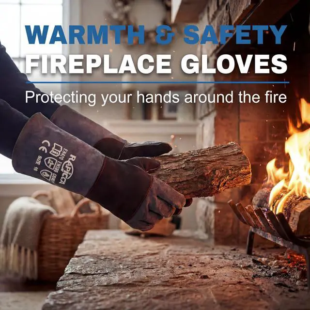 Alt view image 2 of 7 - Fireplace Fire Pit Gloves, 932°F Fireproof Leather, 16in Dark Grey