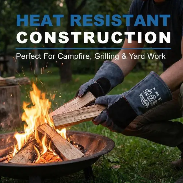 Alt view image 3 of 7 - Fireplace Fire Pit Gloves, 932°F Fireproof Leather, 16in Dark Grey