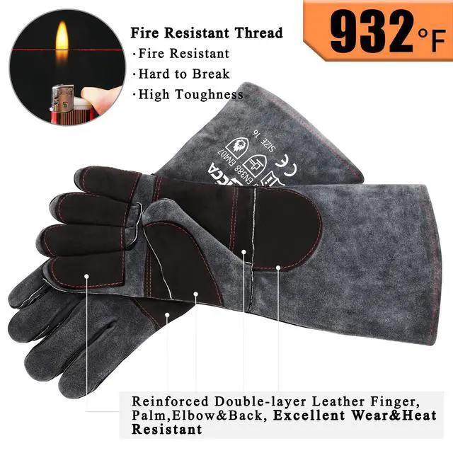 Alt view image 5 of 7 - Fireplace Fire Pit Gloves, 932°F Fireproof Leather, 16in Dark Grey
