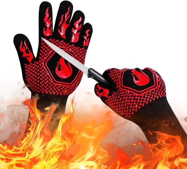 Main image of BBQ Fireproof Gloves, Grill Cut-Resistant 1472°F Heat Resistant Gloves, Non-Slip Silicone Oven Gloves, Kitchen Safe Cooking Gloves for Oven Mitts,Barbecue,Cooking, Frying,13.8 Inch-Red