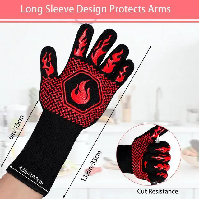Alt view image 2 of 7 - BBQ Fireproof Gloves, Grill Cut-Resistant 1472°F Heat Resistant Gloves, Non-Slip Silicone Oven Gloves, Kitchen Safe Cooking Gloves for Oven Mitts,Barbecue,Cooking, Frying,13.8 Inch-Red