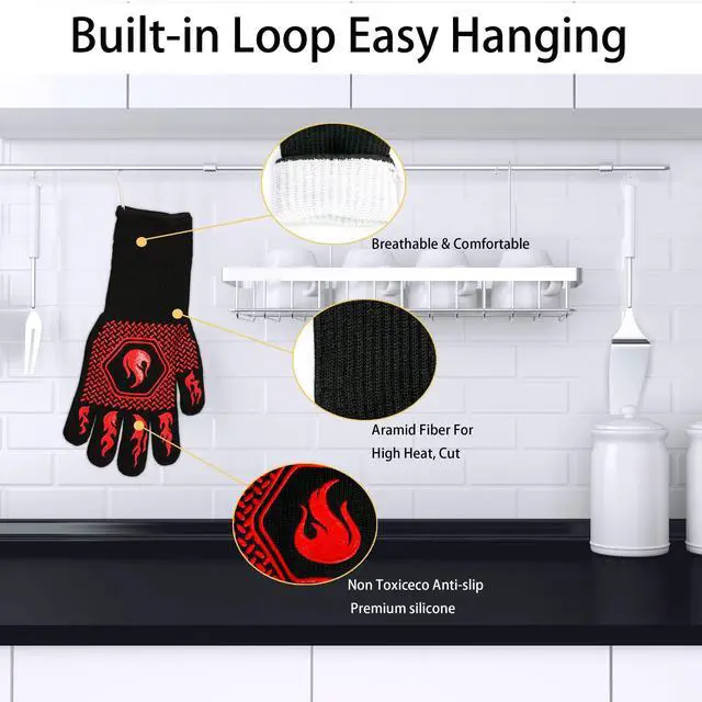 Alt view image 3 of 7 - BBQ Fireproof Gloves, Grill Cut-Resistant 1472°F Heat Resistant Gloves, Non-Slip Silicone Oven Gloves, Kitchen Safe Cooking Gloves for Oven Mitts,Barbecue,Cooking, Frying,13.8 Inch-Red