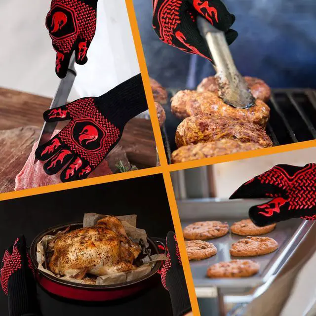Alt view image 5 of 7 - BBQ Fireproof Gloves, Grill Cut-Resistant 1472°F Heat Resistant Gloves, Non-Slip Silicone Oven Gloves, Kitchen Safe Cooking Gloves for Oven Mitts,Barbecue,Cooking, Frying,13.8 Inch-Red