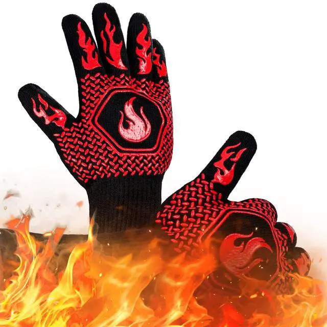 Alt view image 7 of 7 - BBQ Fireproof Gloves, Grill Cut-Resistant 1472°F Heat Resistant Gloves, Non-Slip Silicone Oven Gloves, Kitchen Safe Cooking Gloves for Oven Mitts,Barbecue,Cooking, Frying,13.8 Inch-Red