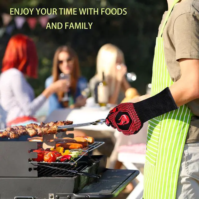 Alt view image 6 of 7 - BBQ Fireproof Gloves, Grill Cut-Resistant 1472°F Heat Resistant Gloves, Non-Slip Silicone Oven Gloves, Kitchen Safe Cooking Gloves for Oven Mitts,Barbecue,Cooking, Frying,13.8 Inch-Red