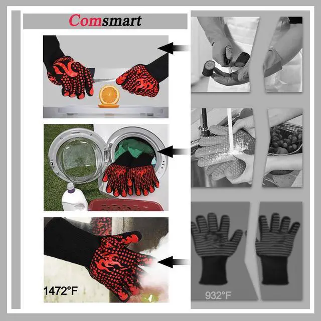 Alt view image 4 of 7 - BBQ Gloves, 1472 Degree F Heat Resistant Grilling Gloves Silicone Non-Slip Oven Gloves Long Kitchen Gloves for Barbecue, Cooking, Baking, Cutting