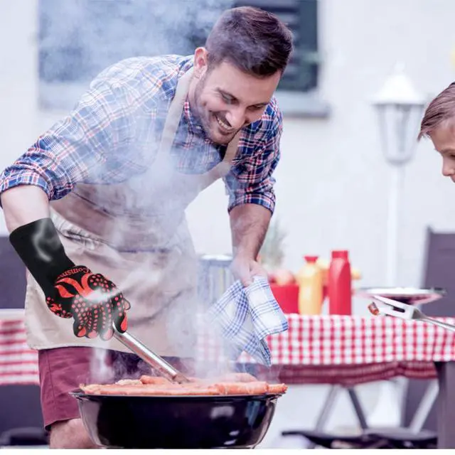 Alt view image 6 of 7 - BBQ Gloves, 1472 Degree F Heat Resistant Grilling Gloves Silicone Non-Slip Oven Gloves Long Kitchen Gloves for Barbecue, Cooking, Baking, Cutting