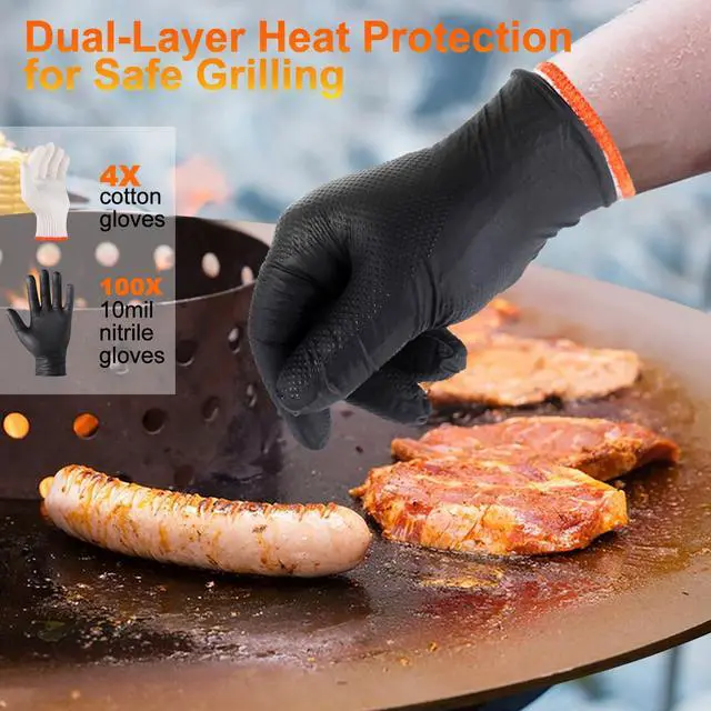 Alt view image 4 of 7 - BBQ Gloves Disposable-Heat Resistant Cooking & Grilling Gloves Set (100 Black Nitrile, 4 Cotton Liners)-10Mil Heavy Duty Meat Handling Smoker Accessories for Hot Food Prep,Non-Slip Grip,Large