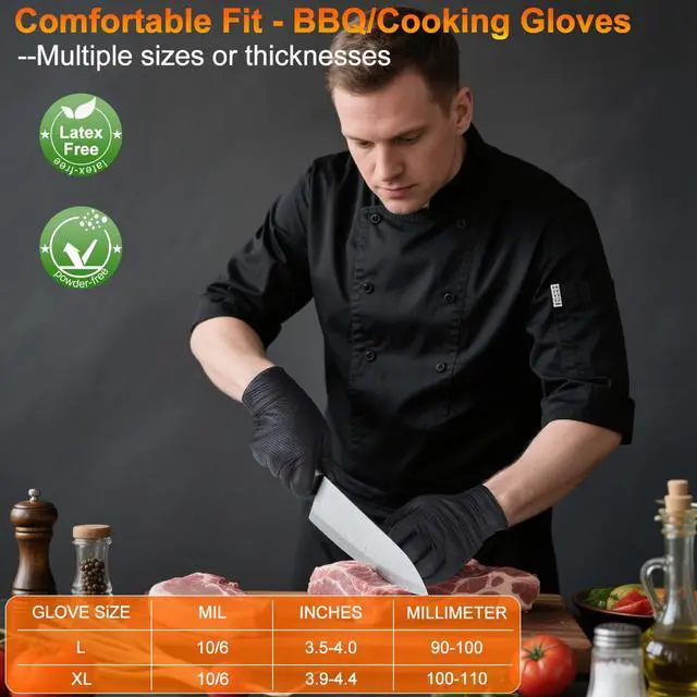 Alt view image 5 of 7 - BBQ Gloves Disposable-Heat Resistant Cooking & Grilling Gloves Set (100 Black Nitrile, 4 Cotton Liners)-10Mil Heavy Duty Meat Handling Smoker Accessories for Hot Food Prep,Non-Slip Grip,Large