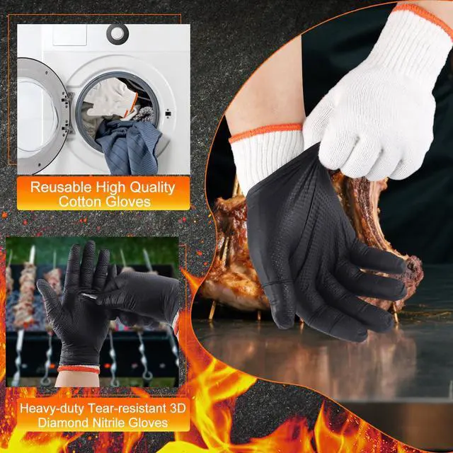 Alt view image 6 of 7 - BBQ Gloves Disposable-Heat Resistant Cooking & Grilling Gloves Set (100 Black Nitrile, 4 Cotton Liners)-10Mil Heavy Duty Meat Handling Smoker Accessories for Hot Food Prep,Non-Slip Grip,Large