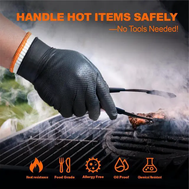 Alt view image 7 of 7 - BBQ Gloves Disposable-Heat Resistant Cooking & Grilling Gloves Set (100 Black Nitrile, 4 Cotton Liners)-10Mil Heavy Duty Meat Handling Smoker Accessories for Hot Food Prep,Non-Slip Grip,Large