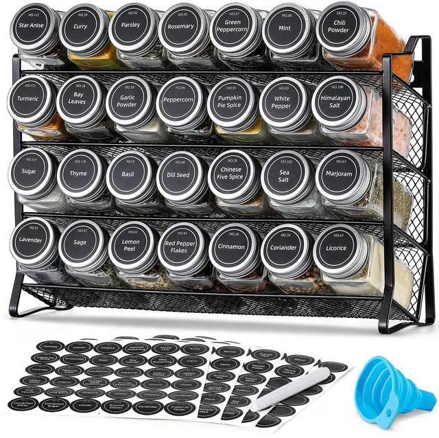 Main image of Spice Rack Organizer with 28 Empty Spice Jars with Silver Lids, Funnel, Labels - Seasoning Organizer for Countertop, Cabinet, Kitchen, Pantry