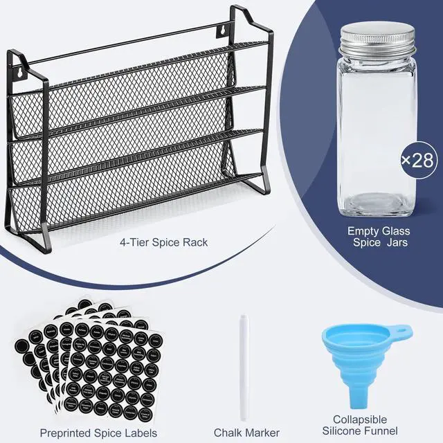 Alt view image 2 of 7 - Spice Rack Organizer with 28 Empty Spice Jars with Silver Lids, Funnel, Labels - Seasoning Organizer for Countertop, Cabinet, Kitchen, Pantry